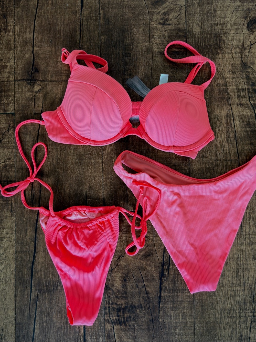 Victoria's Secret Hot Pink Ribbed Three-Piece Bikini Set